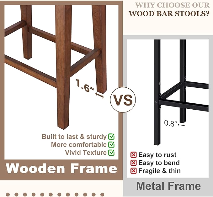 PrimeZone Counter Height Bar Stools Set of 6 - Backless Saddle Barstools with 4.3" Thick Upholstered, Nailhead Trim Linen Fabric & Solid Wood Legs, 26 Inch Counter Stools for Kitchen Island, Beige
