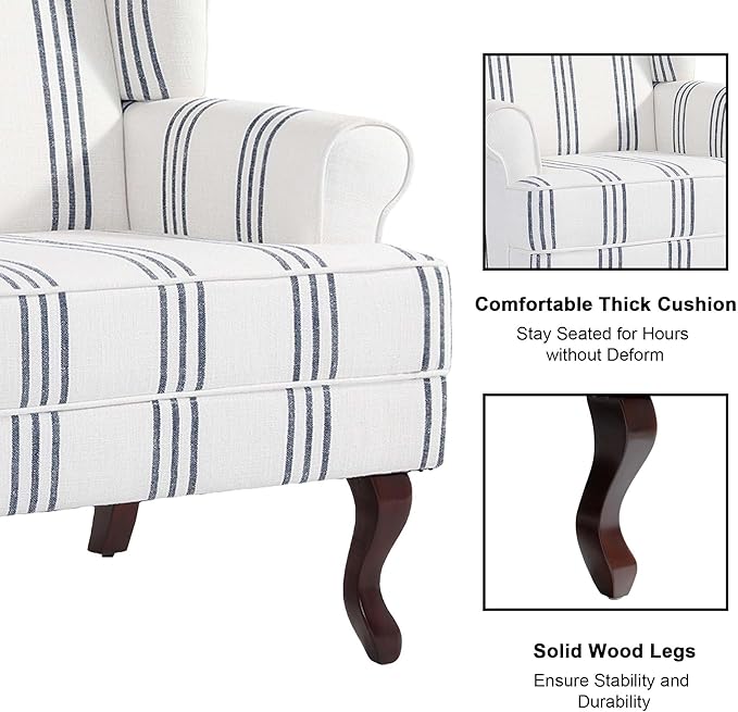 Accent Chair Set of 2, High Back Upholstered Armchair with High Resilience Sponge & Wood Legs, Mid-Century Modern Comfy Single Sofa Reading Chairs for Living Room, Bedroom-Stripe Navy