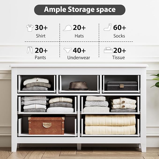 White Dresser for Bedroom, Modern 7 Drawer Double Dresser with Vintage Gold Antique Handles, Chest of Drawers for Bedroom, Antique White