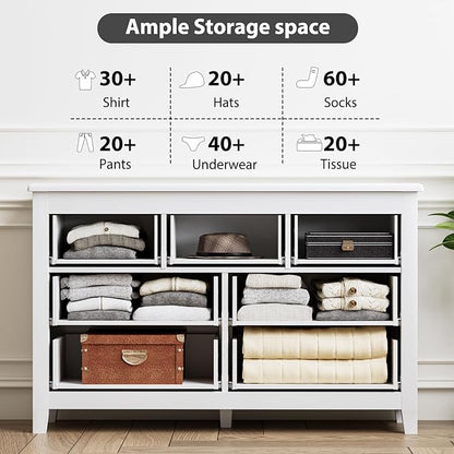 White Dresser for Bedroom, Modern 7 Drawer Double Dresser with Vintage Gold Antique Handles, Chest of Drawers for Bedroom, Antique White