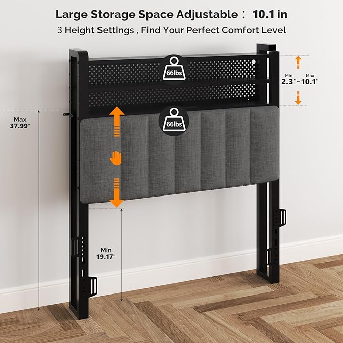 VINGLI Twin or Twin XL Size Headboard, Adjustable Upholstered Headboard with 3 Tier Shelves and Pegboard with Charging Stations and LED Lights, Modern Bed Headboard with Storage for Bedroom Decor