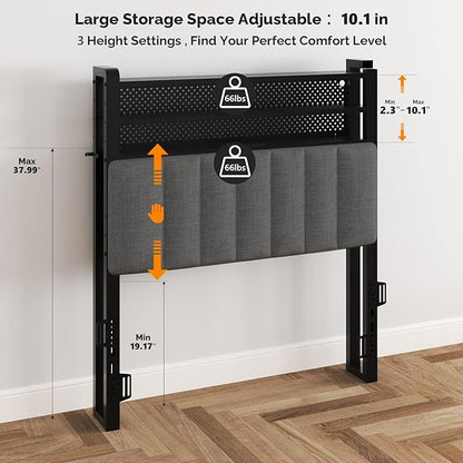 VINGLI Twin or Twin XL Size Headboard, Adjustable Upholstered Headboard with 3 Tier Shelves and Pegboard with Charging Stations and LED Lights, Modern Bed Headboard with Storage for Bedroom Decor