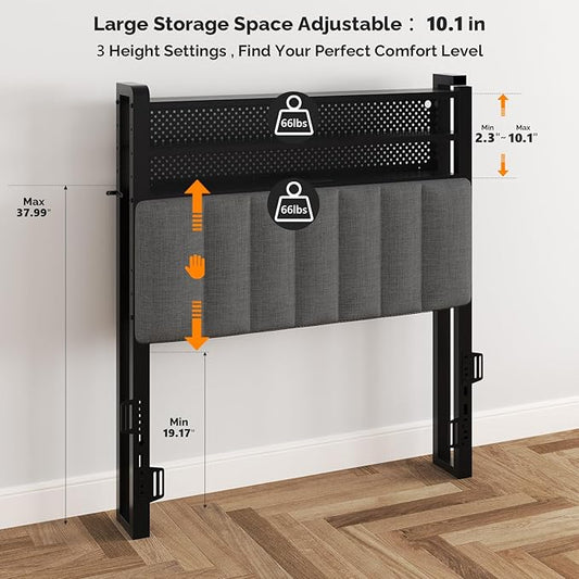 VINGLI Twin or Twin XL Size Headboard, Adjustable Upholstered Headboard with 3 Tier Shelves and Pegboard with Charging Stations and LED Lights, Modern Bed Headboard with Storage for Bedroom Decor