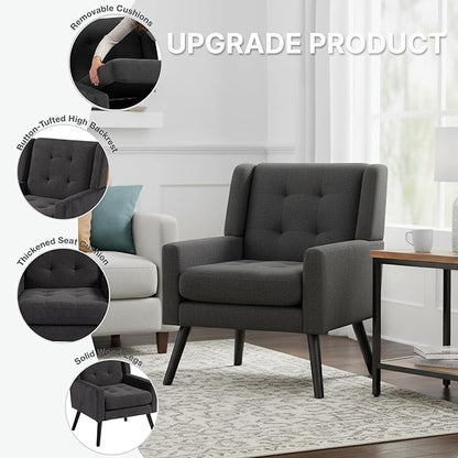 Mid-Century Modern Accent Chair, Plush Linen Fabric with Button Tufted High Back & 5" Thick Cushion, High Comfort Reading Chair for Living Room, Bedroom, Office (Dark Gray)
