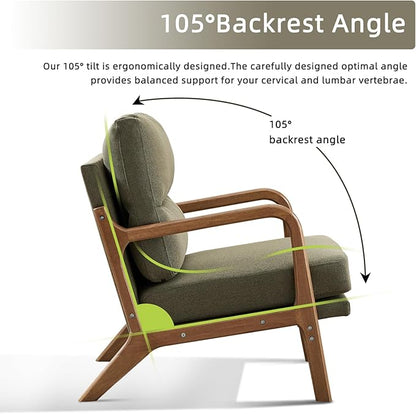 Mid Century Modern Accent Chair Set of 2, Linen Fabric Upholstered Lounge Arm Chair with Solid Wood Frame and Soft Cushion for Living Room, Bedroom, Balcony (1, Green)