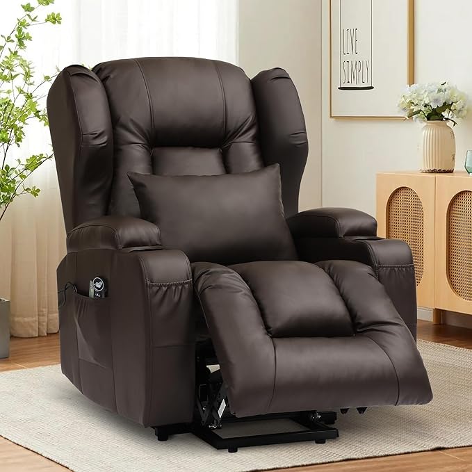 URRED Power Lift Recliner Chair for Elderly, Electric Massage Recliner with Heat, Infinite Position Adjustment, Faux Leather Lift Chair with Cup Holders, Side Pockets & USB Port – Brown