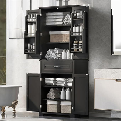 Polibi Bathroom Storage Cabinet with 4 Doors, 3-Tier Door Racks, Storage Drawer, 72" Free-Standing Tall Linen Cabinet for Bathroom, Living Room, Apartment, Black