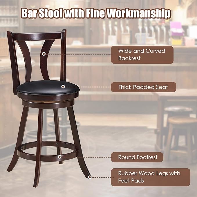COSTWAY Bar Stools Set of 4, 360-Degree Swivel Stools with Leather Padded Seat, Single Slat Back & Solid Rubber Wood Legs, Counter Height Stools for Pub, Restaurant, Kitchen, Brown (4)