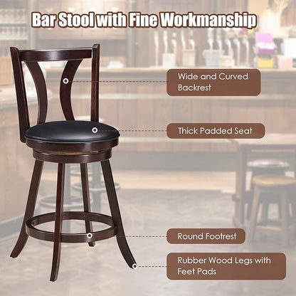 COSTWAY Bar Stools Set of 4, 360-Degree Swivel Stools with Leather Padded Seat, Single Slat Back & Solid Rubber Wood Legs, Counter Height Stools for Pub, Restaurant, Kitchen, Brown (4)