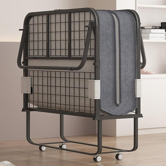 Mjkone Folding Bed with Mattress for Adults, Rollaway Bed with Mattress, Space Saving Fold Up Bed with Lockable Wheel, Sturdy Foldable Frame and Memory Foam for Bedroom/Guest (75" x 38")