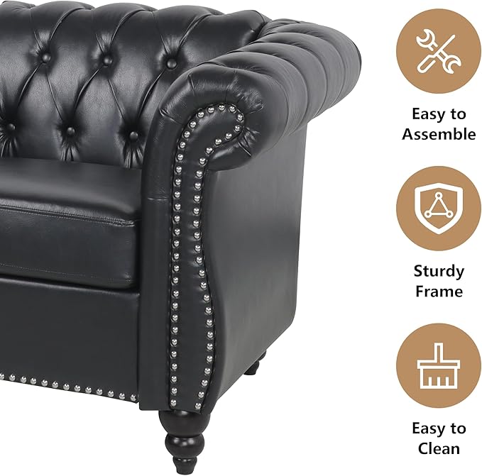 Chesterfield Loveseat Sofa, Modern Leather Small Sofa Couch 2 Seater with Rolled Arms and Nailhead, Mid Century Modern Loveseat Couch for Small Spaces Living Room Bedroom Apartment, Black