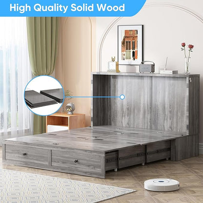 Mjkone Murphy Bed, Cabinet Murphy Bed with Tri-Fold Memory Foam Mattress, Farmhouse Wooden Cabinet Beds with USB Charging Station and 2 Storage Drawers for Bedroom/Office/Guest Room-Gray, Full