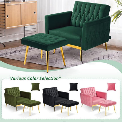 Velvet Accent Chair with Adjustable Armrests and Backrest, Button Tufted Lounge Chair, Single Recliner Armchair with Ottoman and Pillow for Living Room, Bedroom, Green
