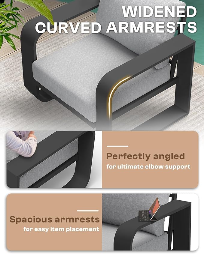 Aluminum Outdoor Patio Furniture Set 4 Piece, Oversized Patio Conversation Sets Widened Armrest & Ultra-Thick Cushions, Deep Seating Modern Sectional Furniture for Backyard, Porch, Gray