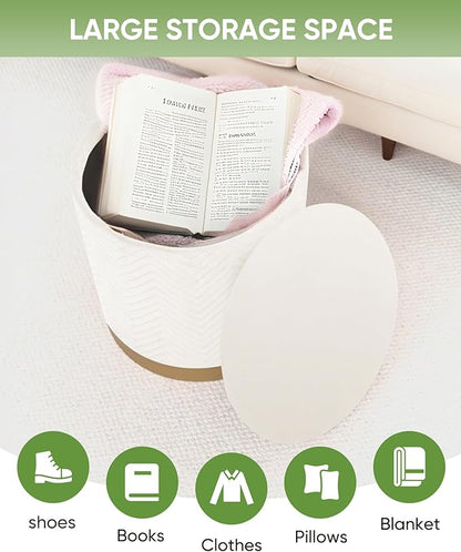 B FSOBEIIALEO Ottoman with Stroage, Round Velvet Storage Ottoman with Gold Plating Base,Foot Rest Stool for Dorm Room, Living Room White, 16.73"x16.73"x17.72"