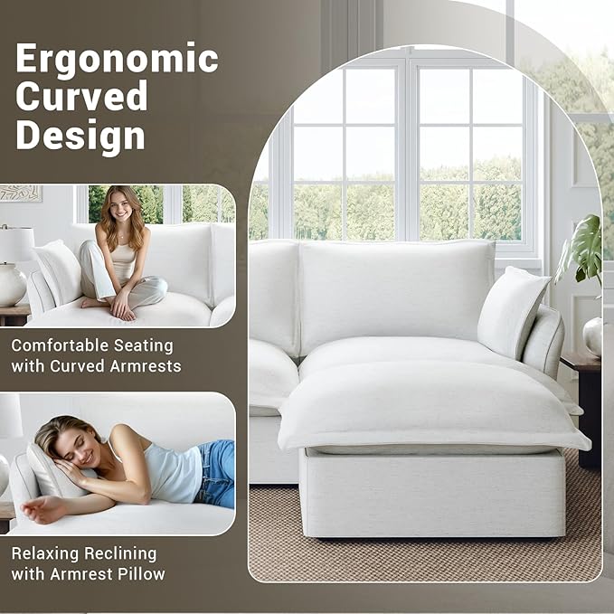 Oversized Cloud Modular Sectional Sofa, Comfy Down Filled Cloud Couch with Removable Cover, L Shaped 4 Seat Couch with Ottoman, Deep Seat Sectional Couches for Living Room, Cream White