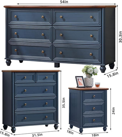 Farmhouse Dressers & Night Stand Set of 4, Wood 54" Wide 6 Drawer Dresser & 35" Tall Chest of Drawers, 18" Roman Column Nightstand Set of 2, Bedroom Furniture Dresser Sets for Home Living Room Hallway