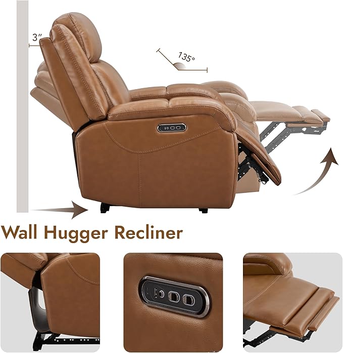 Watson & Whitely Oversized Genuine Leather Power Recliner Chairs for Big and Tall, Wall Hugger Recliner with Power Headrest & Charging Ports, Extra Large Reclining Chair for Living Room, Saddle Brown