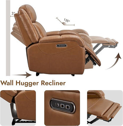 Watson & Whitely Oversized Genuine Leather Power Recliner Chairs for Big and Tall, Wall Hugger Recliner with Power Headrest & Charging Ports, Extra Large Reclining Chair for Living Room, Saddle Brown