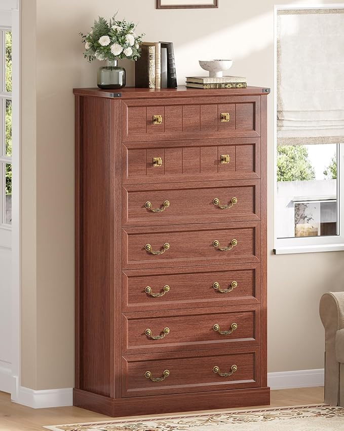 AOGLLATI Farmhouse Dresser with 7 Drawers, 58.7”Tall Wooden Rustic Chest of Drawers with Natural Texture, Vintage Design, Bedroom Dressers with Drawers for Bedroom, Oak Brown