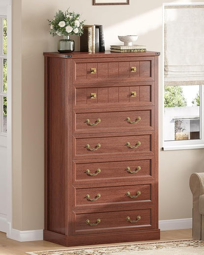 AOGLLATI Farmhouse Dresser with 7 Drawers, 58.7”Tall Wooden Rustic Chest of Drawers with Natural Texture, Vintage Design, Bedroom Dressers with Drawers for Bedroom, Oak Brown