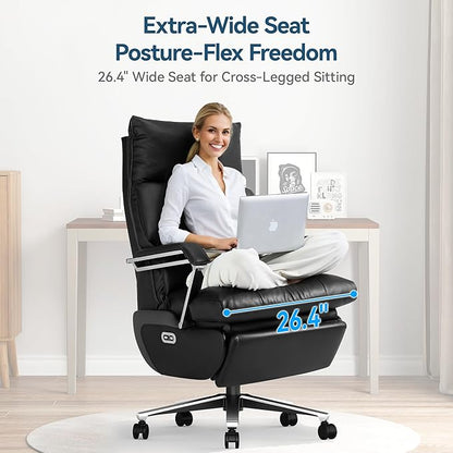 M80A Dual Motor Electric Executive Office Chair with Footrest, Comfortable Reclining Office Chair Wide Seat, Big and Tall Ergonomic Leather Home Office Desk Chair (Black,No Massage)