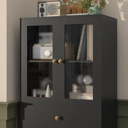 Space-Saving 67 Inch Bathroom Linen Cabinet,Freestanding Tall Storage Tower with Adjustable Shelves & Glass Doors for Bathroom, Kitchen, Hallway Organization (Black)