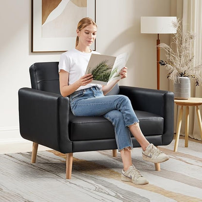 CANMOV 29" W Oversized Leather Accent Chair, Armchair Button Back, Mid Century Modern Accent Chairs for Living Room, Modern Upholstered Bed Room Chair Cozy Armchair with Wood Legs, Black