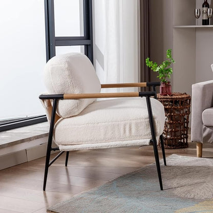 LukeAlon Mid-Century Sherpa Accent Chair, Ultra Soft Living Room Chair with Metal Legs Modern Armchair Lounge Chair Upholstered Comfy Leisure Chair for Bedroom Reception Area Reading Room, White