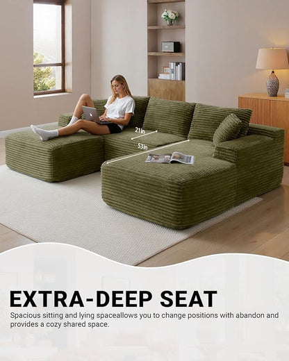 108 Inch Cloud Sectional Couch,Modern Modular Sectional Sofa with Deep Seat,Corduroy Boneless Couches with L-Shape Chaise for Living Room,No Assembly Required (Green, Right Facing Chaise + Ottoman)