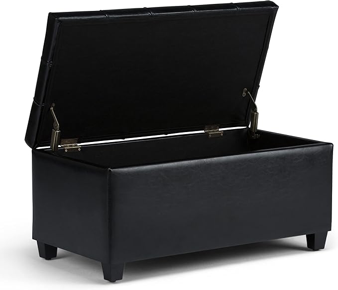 SIMPLIHOME Sienna 33 inch Wide Transitional Rectangle Storage Ottoman Bench in Midnight Black Vegan Faux Leather, Assembled, For the Living Room, Entryway and Family Room