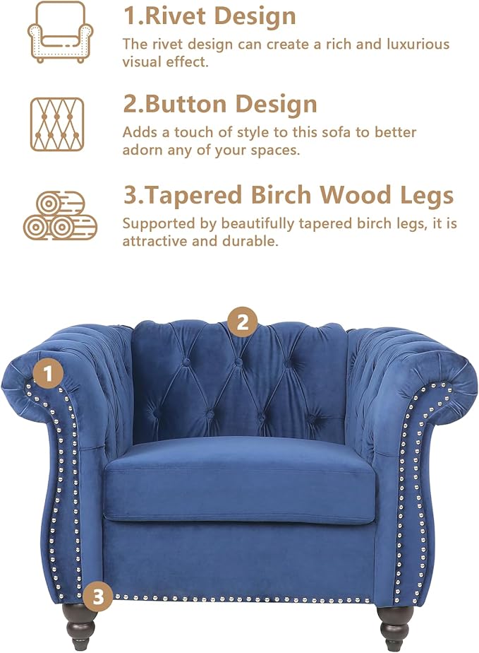 2 Piece Living Room Sofa Set, 3 Seater Velvet Sofa Couch and Chair Set, Mid Century Modern Upholstered Couch with Cushions, Comfy Tufted Chesterfield Couches for Living Room, Bedroom, Office