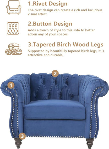 2 Piece Living Room Sofa Set, 3 Seater Velvet Sofa Couch and Chair Set, Mid Century Modern Upholstered Couch with Cushions, Comfy Tufted Chesterfield Couches for Living Room, Bedroom, Office