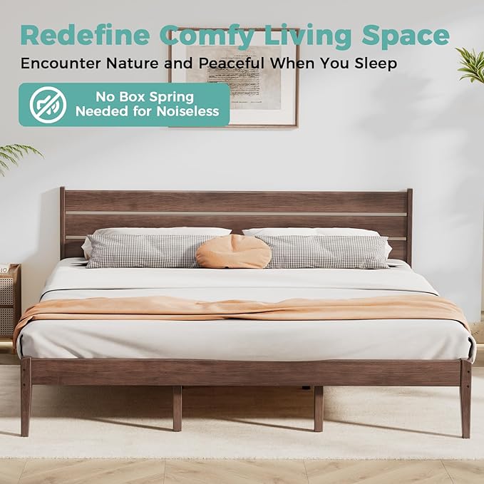 King Bed Frame and Ladder Headboard, Solid Wood Bed Frame with Storage, Malaysian Oak Platform Beds with Wooden Slats, No Box Spring Needed, Easy Assembly, King Size, Antique Espresso