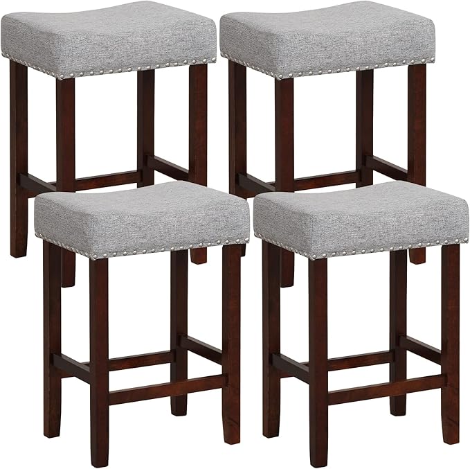 COSTWAY Counter Height Bar Stools Set of 4, 25-inch Backless Saddle Stools with Nailhead Trim, Rubber Wood Frame, Footrest, Max Load 330 Lbs, Upholstered Barstools for Kitchen Island Pub, Grey