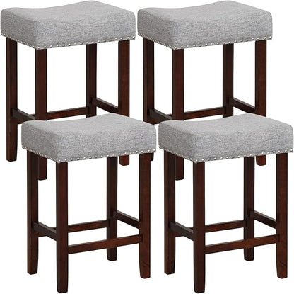 COSTWAY Counter Height Bar Stools Set of 2, 25-inch Backless Saddle Stools with Nailhead Trim, Rubber Wood Frame, Footrest, Max Load 330 Lbs, Upholstered Barstools for Kitchen Island Pub, Grey