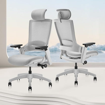CLATINA Ergonomic High Swivel Executive Chair with Adjustable Height Head 3D Arm Rest Lumbar Support and Upholstered Back for Home Office Studio, Gray Mesh, 2 Pack