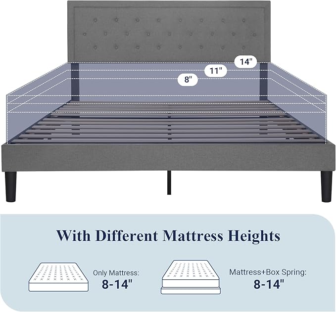 Allewie King Size Upholstered Platform Bed Frame with Adjustable Headboard, Button Tufted, Wood Slat Support, Easy Assembly, Light Gray