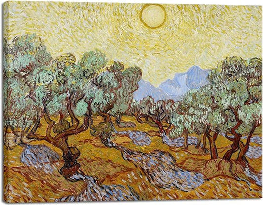 Wieco Art Olive Trees with Yellow Sky and Sun Canvas Print of Vincent Van Gogh Wall Art Paintings Reproduction Field Pictures Artwork for Wall Decor and Home Decorations VAN-0071-3040