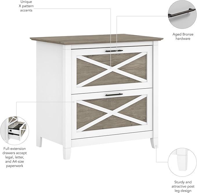 Bush Furniture Key West 2 Drawer Lateral File Cabinet in Pure White and Shiplap Gray, Document Storage for Home Office, Accent Chest with Drawers
