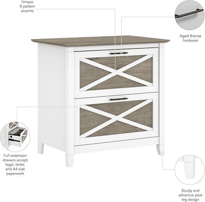 Bush Furniture Key West 2 Drawer Lateral File Cabinet in Pure White and Shiplap Gray, Document Storage for Home Office, Accent Chest with Drawers