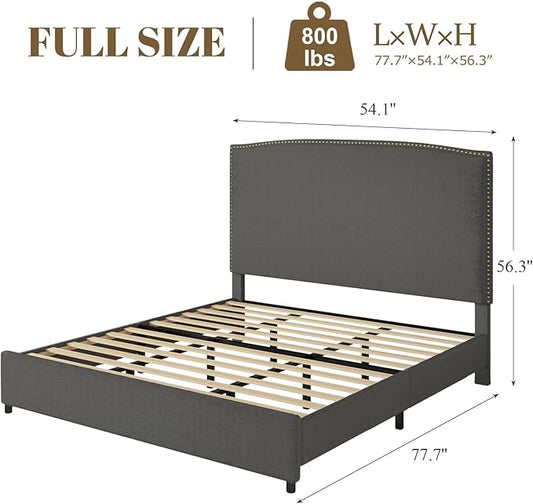 Full Size Bed Frame with Headboard, 56" Upholstered Platform Bed with Nailhead Trim, Soft Boucle Fabric, No Box Spring Needed, Easy Assembly, Grey