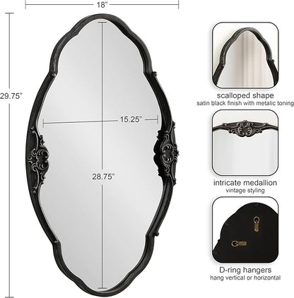 Kate and Laurel Novella Vintage Glam Ornate Mirror; 30 x 18; Black; Traditional Baroque Wall Mirror for Use as Decorative Bathroom Mirror or Fireplace Mantel Mirror