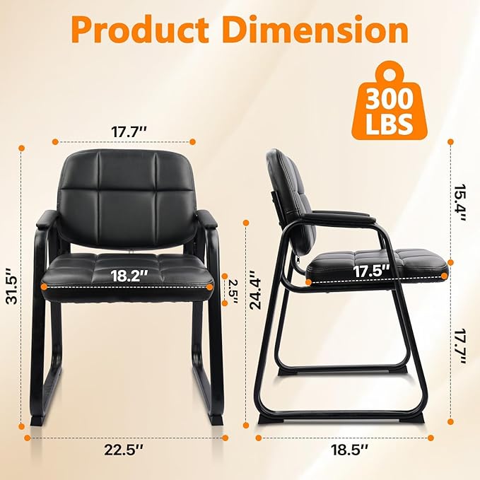 CLATINA Waiting Room Chairs no Wheels with Padded Arms Leather Guest Chair for Office Reception and Conference Desk with Sled Base Black, 4PK