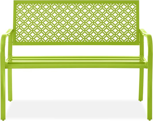 Best Choice Products Outdoor Bench 2-Person Metal Steel Benches Furniture for Garden, Patio, Porch, Entryway w/Geometric Backrest, 790lb Capacity - Lime Green