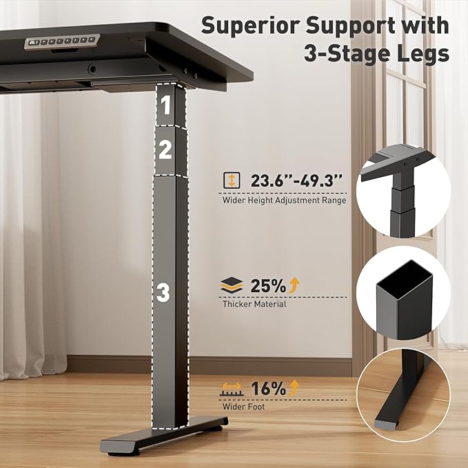 3 Stages Dual Motor Electric Standing Desk with One Piece Desktop, 48 x 24 Inch Adjustable Height Sit to Stand Up Desk for Home Office, Work & Study, Black Frame & Black Desktop (2 Packages)