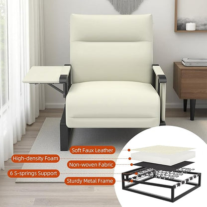 Upholstered Accent Chair, Modern Faux Leather Sofa Chair with Foldable Side Tray Table & Storage Pocket, Small Accent Sofa for Living Room, Bedroom, Reception Room, Beige
