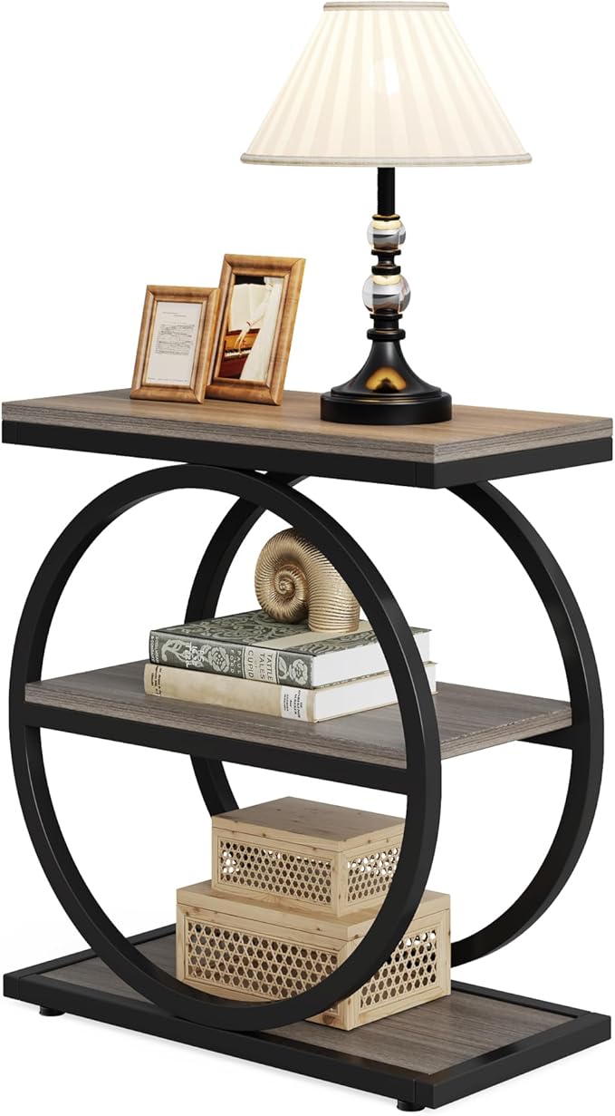 LITTLE TREE 3-Tier End Table, Grey Side End Table with Storage Shelves, Small Sofa Side Table for Living Room, Slim Nightstand and Bedside Table with Black Double Round Metal Legs