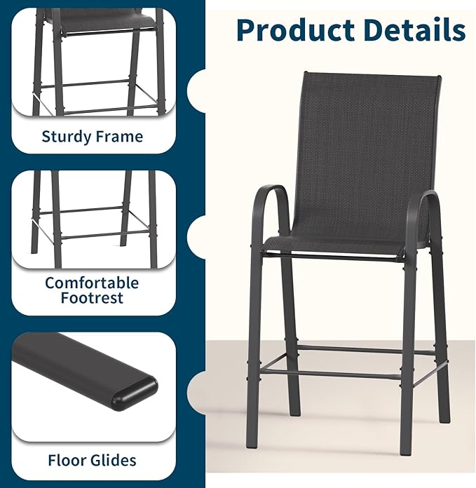 Amopatio 5 Piece Patio Bistro Set with 4 Bar Chairs and Glass Table, All-Weather Textilene Patio Bar Stools, Sturdy Outdoor High Top Table and Chairs for 4 for Backyard, Porch, Balcony, Black