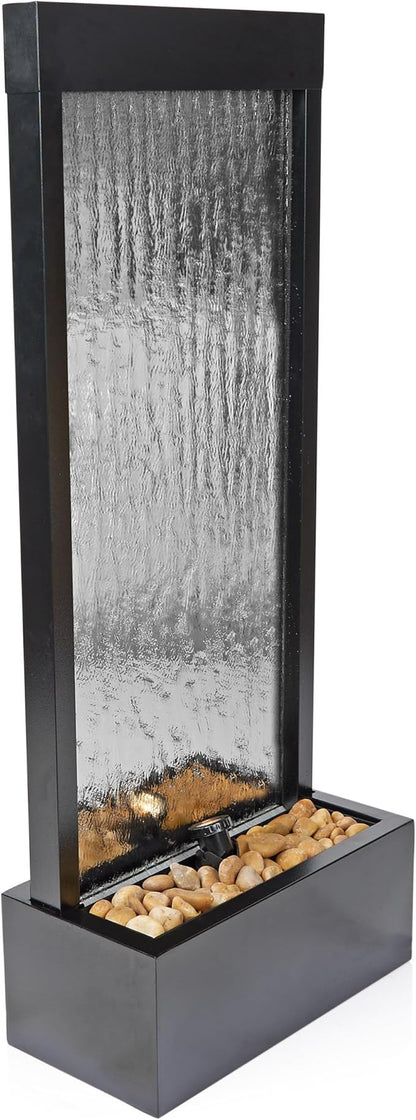 Alpine Corporation - Mirror Waterfall Fountain with Stones & Lights - Zen Indoor/Outdoor Decor for Office, Living Room, Patio, Entryway - 48 Inches (Silver)